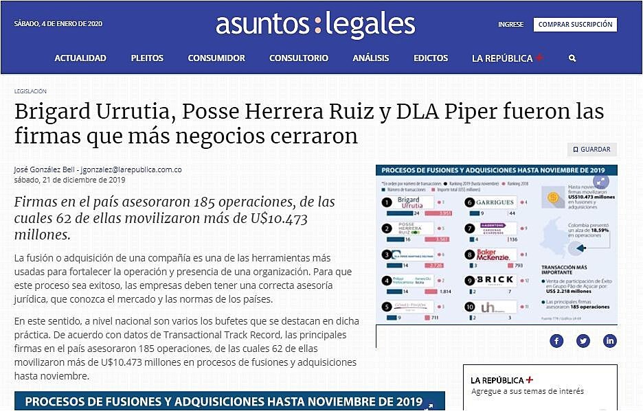 Brigard Urrutia, Posse Herrera Ruiz y DLA Piper fueron las firmas que ms negocios cerraron